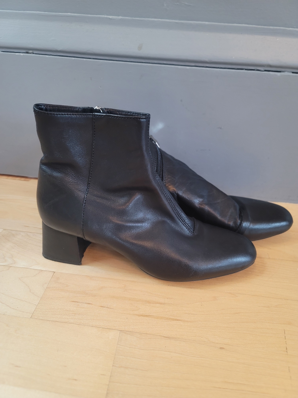 Zara Trafaluc Black Leather Ankle Booties with Block Heel